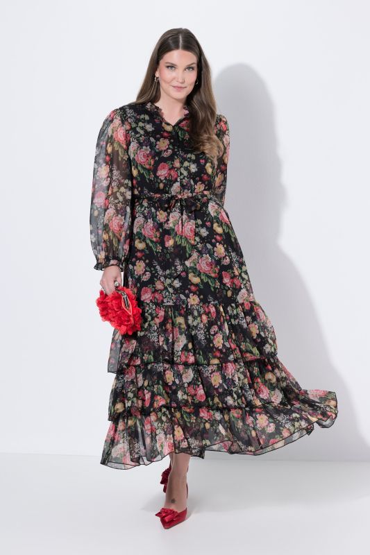 Floral Chiffon Long Sleeve Flounce Dress