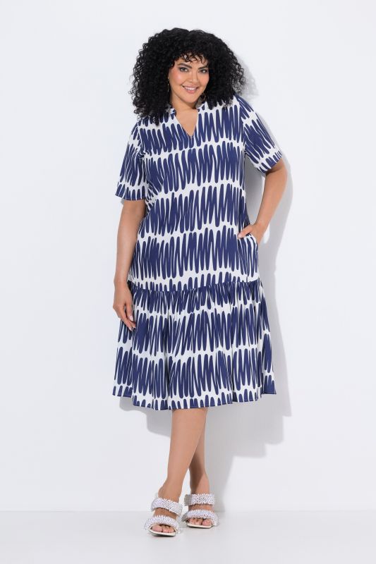 Scribble Print Short Sleeve Flounce Panel Dress