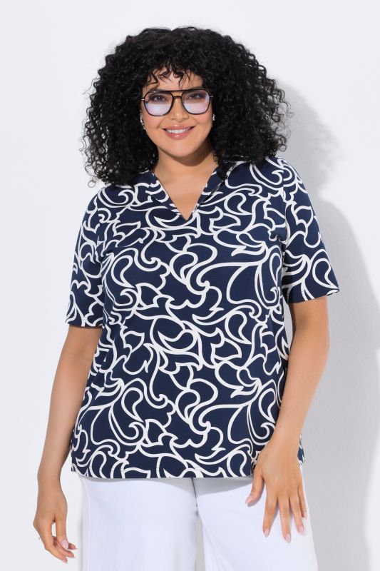 Abstract Swirl Print Short Sleeve Notch Neck Tee