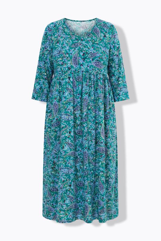 Paisley Bloom V-Neck Knit Empire Waist A-Line Pocket Dress