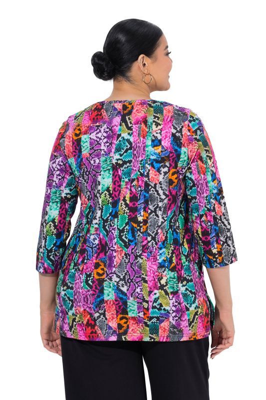 Patchwork Striped Snakeskin Print 3/4 Sleeve Knit T-Shirt