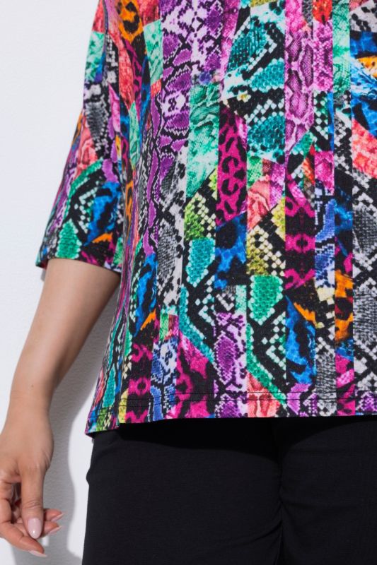 Patchwork Striped Snakeskin Print 3/4 Sleeve Knit T-Shirt
