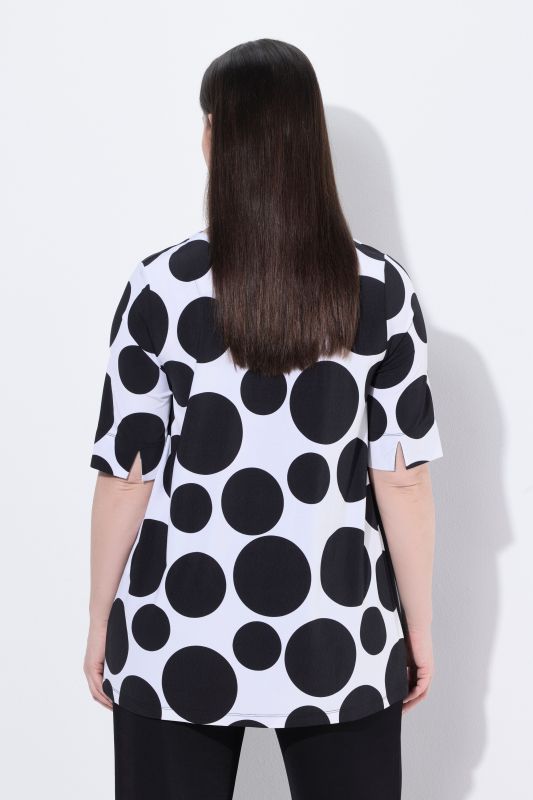 Polka Dot Slinky Stretch-Fit Godet Pleated T-Shirt Blouse