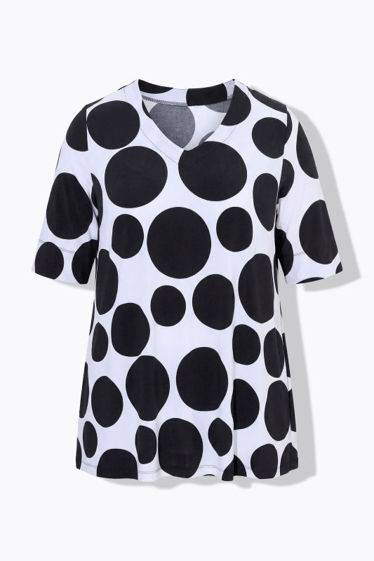 Polka Dot Slinky Stretch-Fit Godet Pleated T-Shirt Blouse