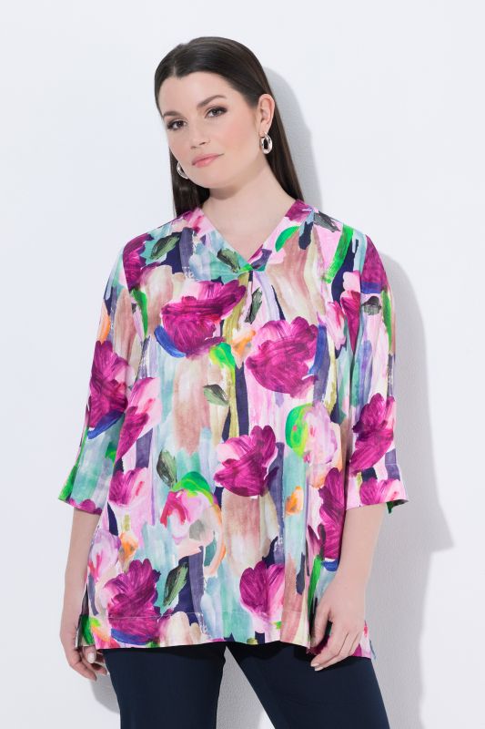 Brushstroke Floral 3/4 Sleeve Satin Blouse
