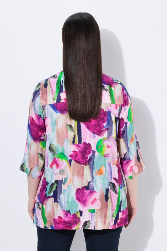 Brushstroke Floral 3/4 Sleeve Satin Blouse