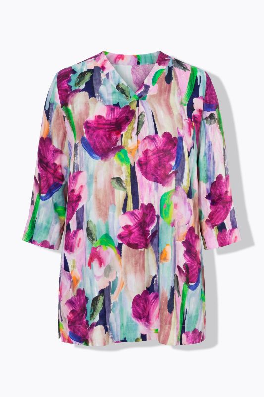 Brushstroke Floral 3/4 Sleeve Satin Blouse