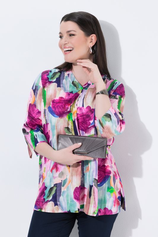 Brushstroke Floral 3/4 Sleeve Satin Blouse