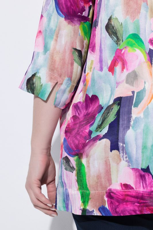 Brushstroke Floral 3/4 Sleeve Satin Blouse