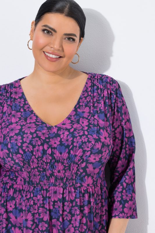 Floral Print 3/4 Sleeve Flounce Dress