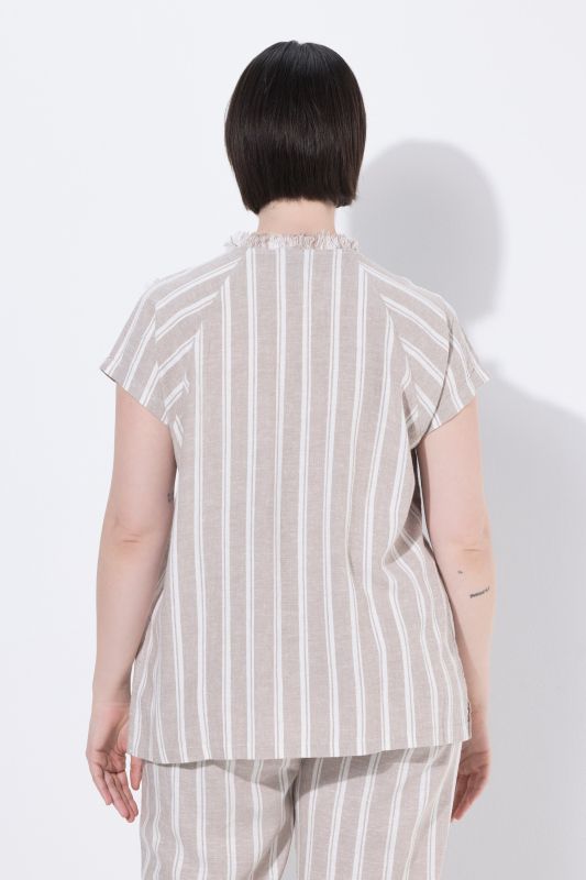Smocked Raw-Cut Striped Linen Blend Blouse