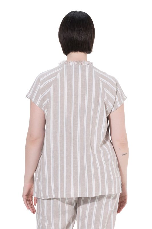 Smocked Raw-Cut Striped Linen Blend Blouse