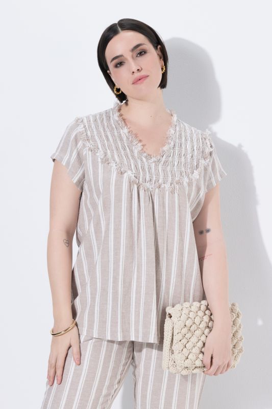 Smocked Raw-Cut Striped Linen Blend Blouse