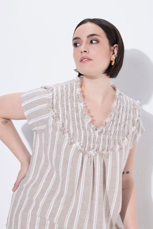 Smocked Raw-Cut Striped Linen Blend Blouse