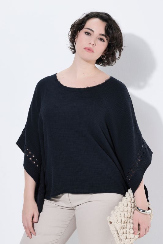 Textured Oversized Lace Trim Muslin Blouse