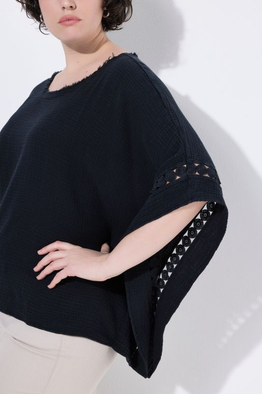 Textured Oversized Lace Trim Muslin Blouse