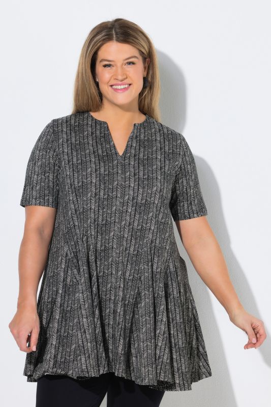 Eco Cotton Herringbone Godet Pleated Knit Tunic