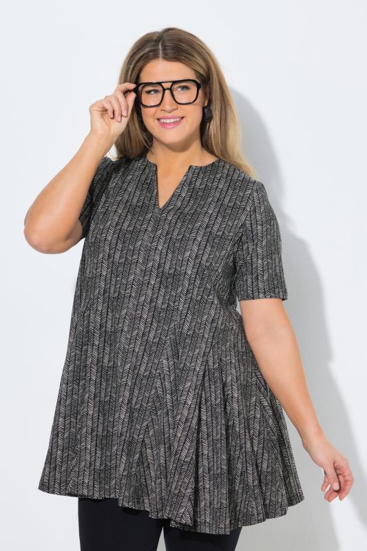 Eco Cotton Herringbone Godet Pleated Knit Tunic