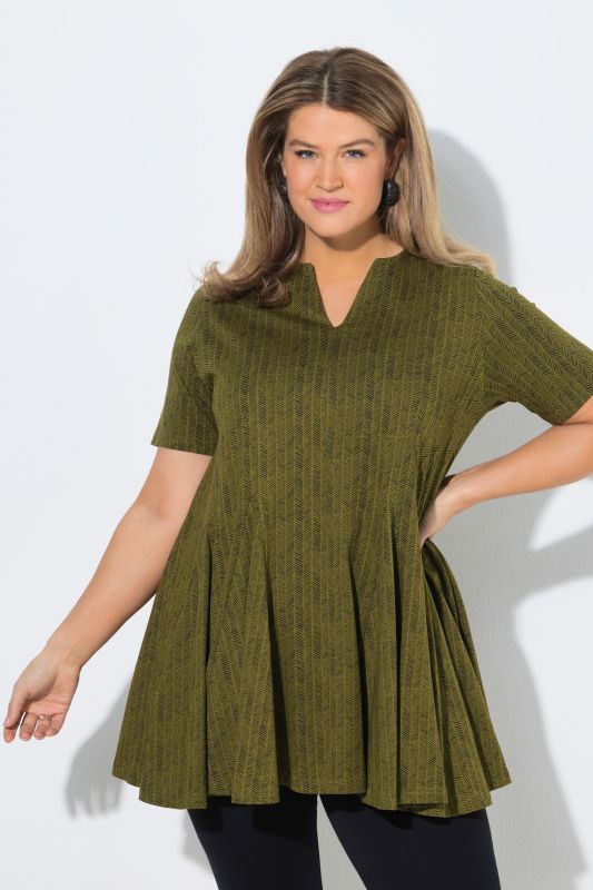 Eco Cotton Herringbone Godet Pleated Knit Tunic