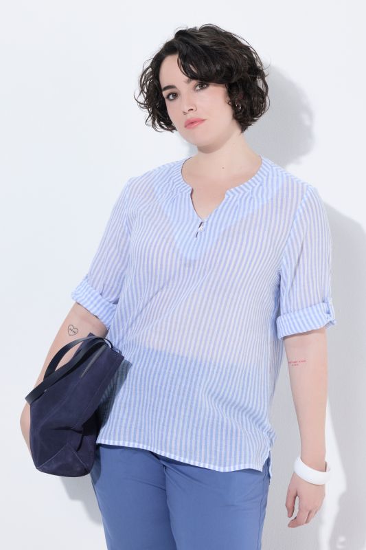 Striped Split Neck Cotton Crepe Blouse