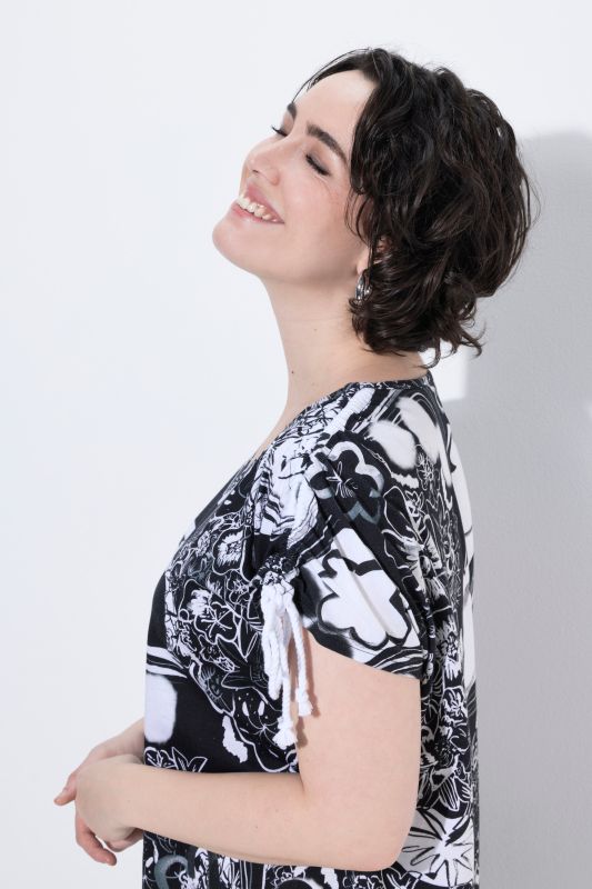 Allover Printed Gathered Shoulders Dress