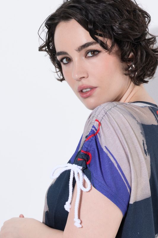 Allover Printed Gathered Shoulders Dress