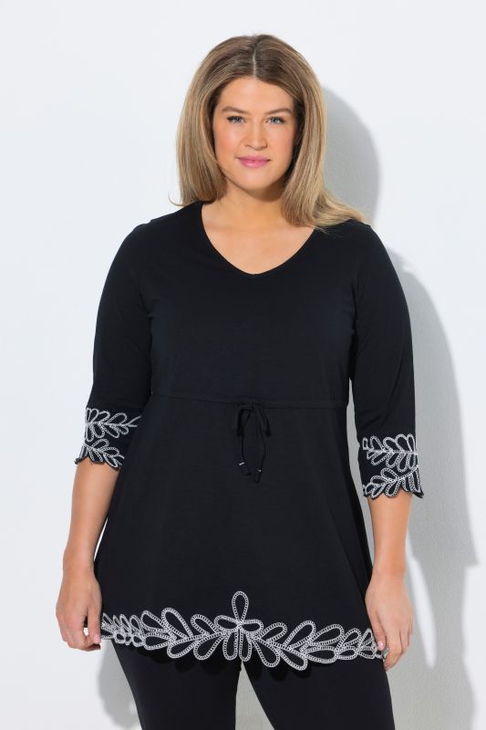 Eco Cotton Contrast Embroidered Drawstring Waist Knit Tunic