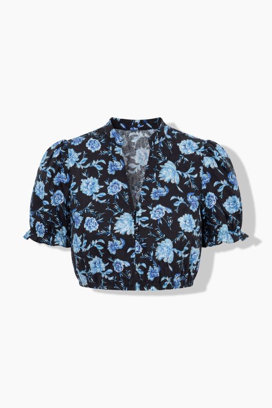 Floral Puff Sleeve Cropped Dirndl Blouse