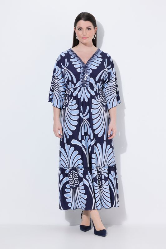 Seashell Print Dolman Sleeve Flounce Hem Dress