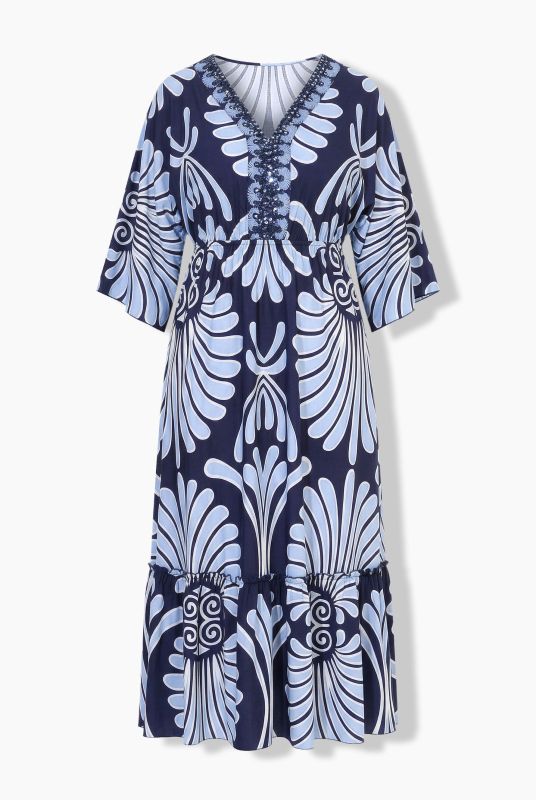Seashell Print Dolman Sleeve Flounce Hem Dress