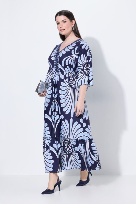 Seashell Print Dolman Sleeve Flounce Hem Dress