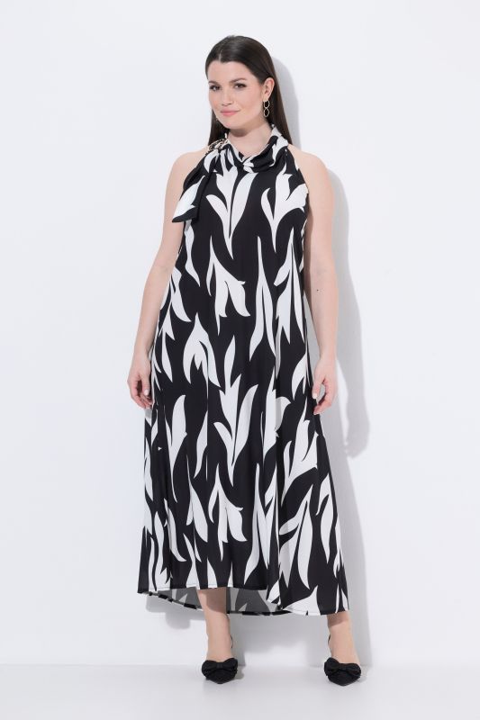 High-Neck Leaf Print Sleeveless Dress