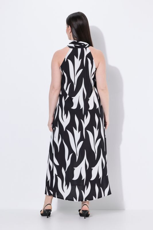 High-Neck Leaf Print Sleeveless Dress