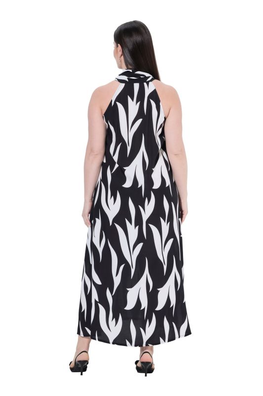 High-Neck Leaf Print Sleeveless Dress