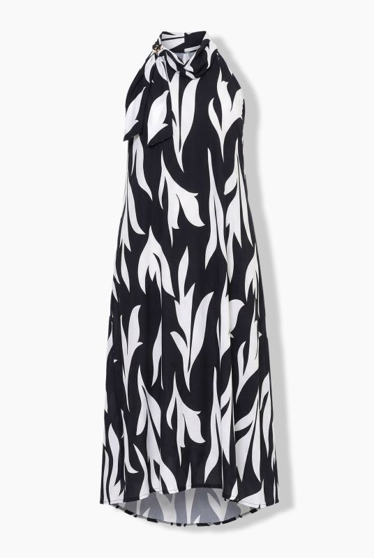 High-Neck Leaf Print Sleeveless Dress