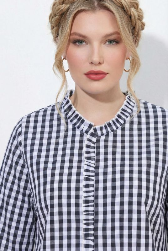 Checked Ruffle Trim 3/4 Sleeve Button-Down Shirt