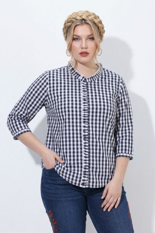 Checked Ruffle Trim 3/4 Sleeve Button-Down Shirt