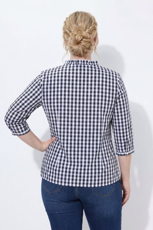 Checked Ruffle Trim 3/4 Sleeve Button-Down Shirt