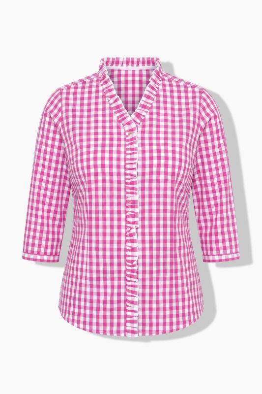 Checked Ruffle Trim 3/4 Sleeve Button-Down Shirt