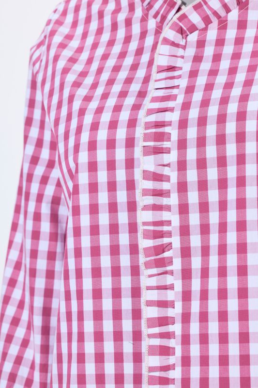 Checked Ruffle Trim 3/4 Sleeve Button-Down Shirt