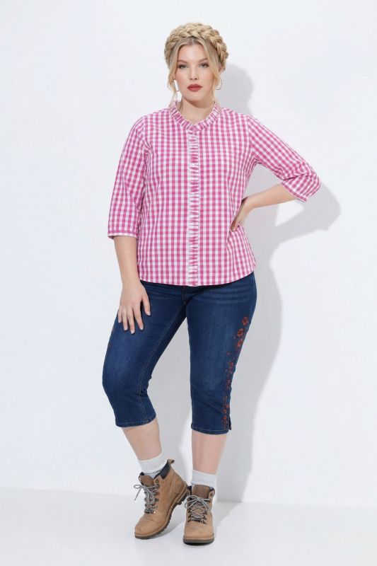 Checked Ruffle Trim 3/4 Sleeve Button-Down Shirt
