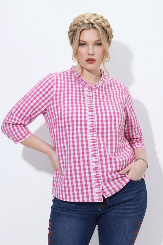 Checked Ruffle Trim 3/4 Sleeve Button-Down Shirt