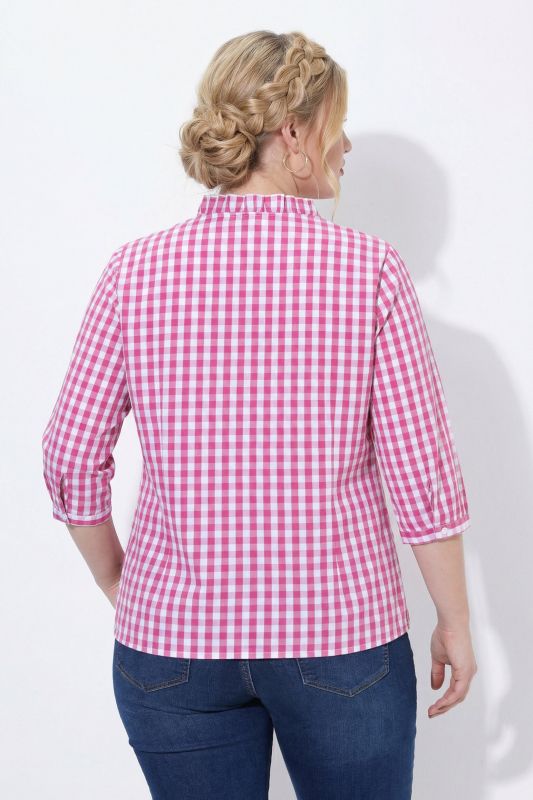 Checked Ruffle Trim 3/4 Sleeve Button-Down Shirt
