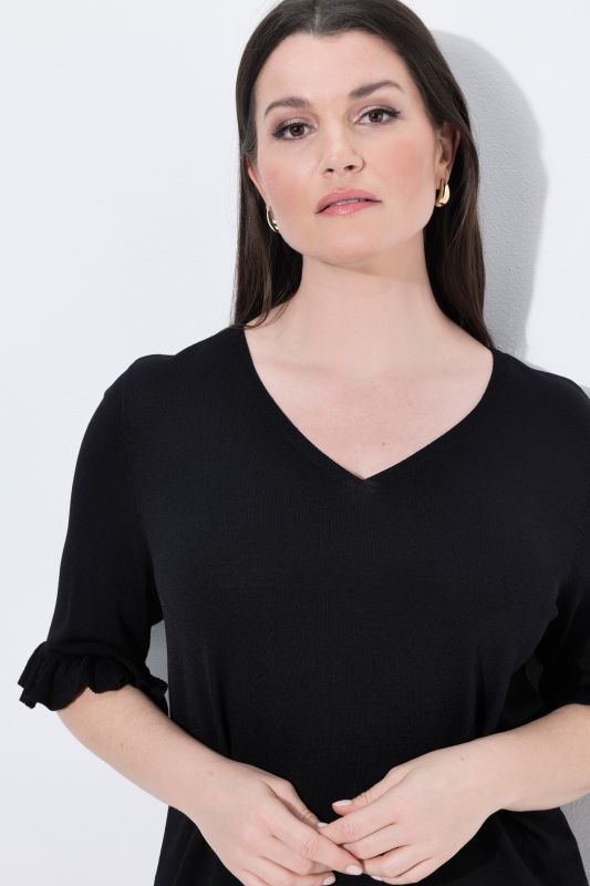 Ruffle Cuff 3/4 Sleeve V-Neck Sweater