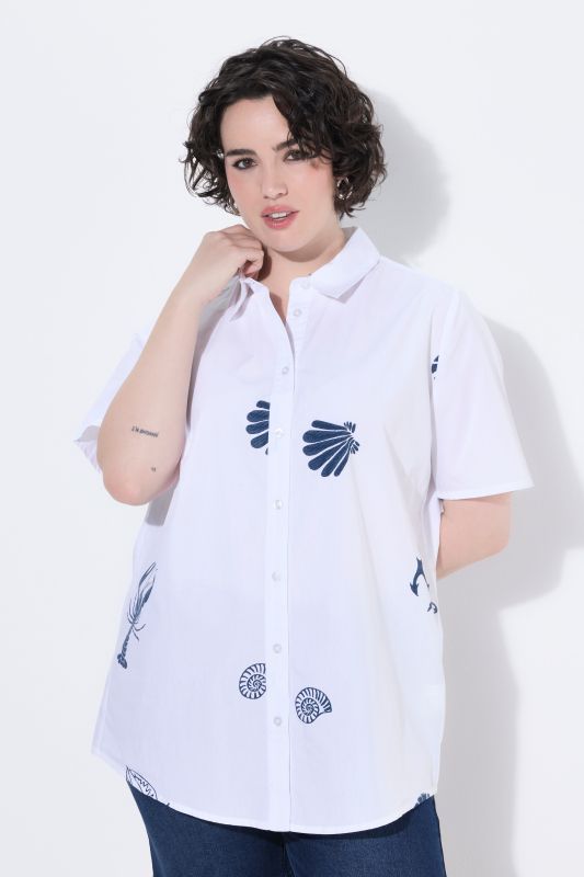 Nautical Motif Short Sleeve Button-Down Blouse