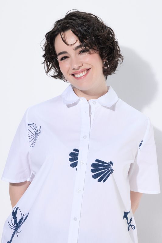 Nautical Motif Short Sleeve Button-Down Blouse