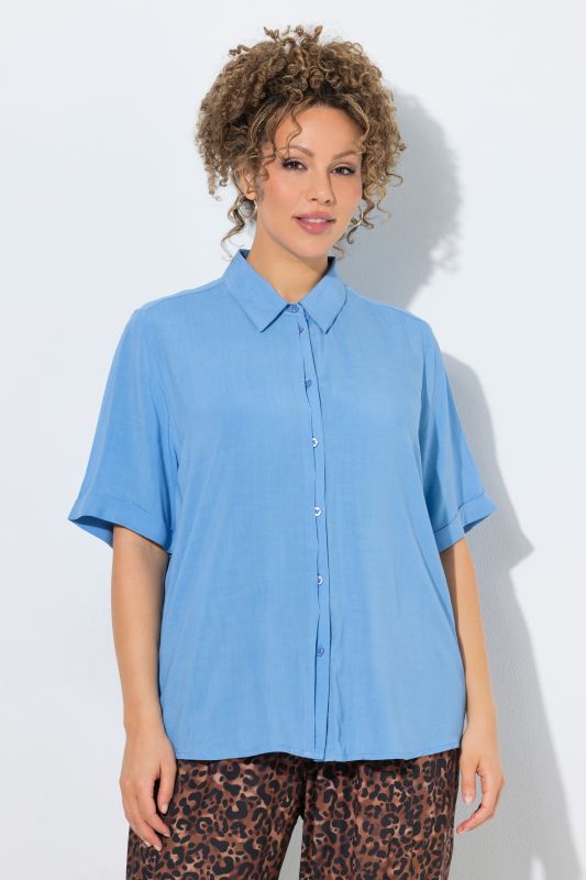 Pintucked Short Sleeve Button-Down Blouse