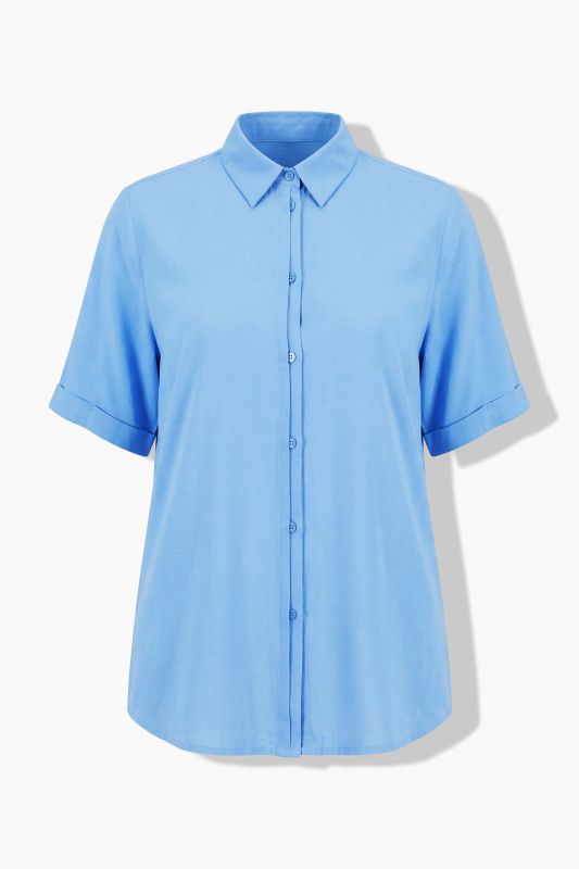 Pintucked Short Sleeve Button-Down Blouse