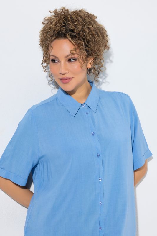 Pintucked Short Sleeve Button-Down Blouse