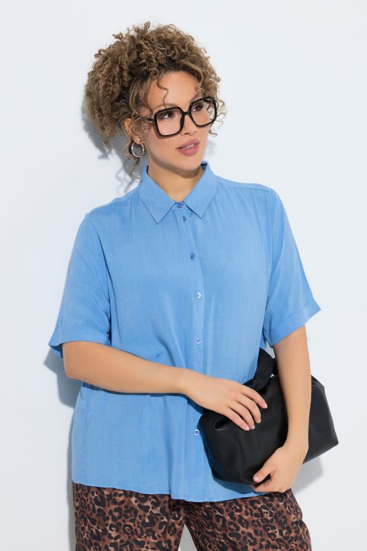 Pintucked Short Sleeve Button-Down Blouse